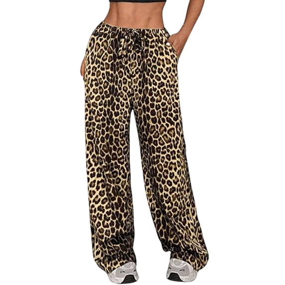 Womens Leopard Print Low Waisted Casual Pants Drawstring Straight Leg Wide Leg Lounge Trousers