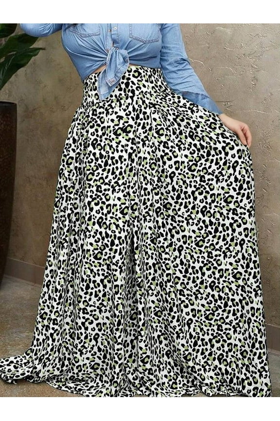 Womens Leopard Print Maxi Skirt Multicolor Flowing A-Line Casual
