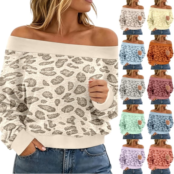 Womens Leopard Print Off Shoulder Shirt Long Sleeve Loose Fit Fashion Pullover M