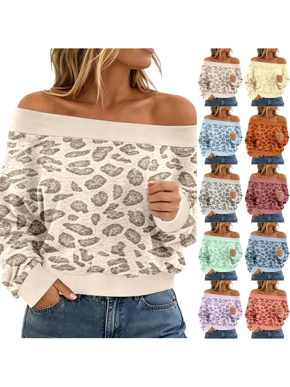 Womens Leopard Print Off Shoulder Shirt Long Sleeve Loose Fit Fashion Pullover M