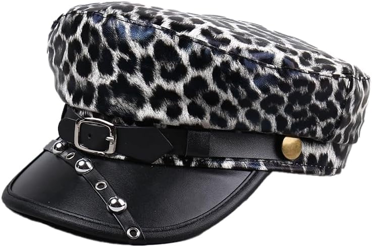 Womens Leopard Print PU Leather Newsboy Hat Peaked Beret Cap