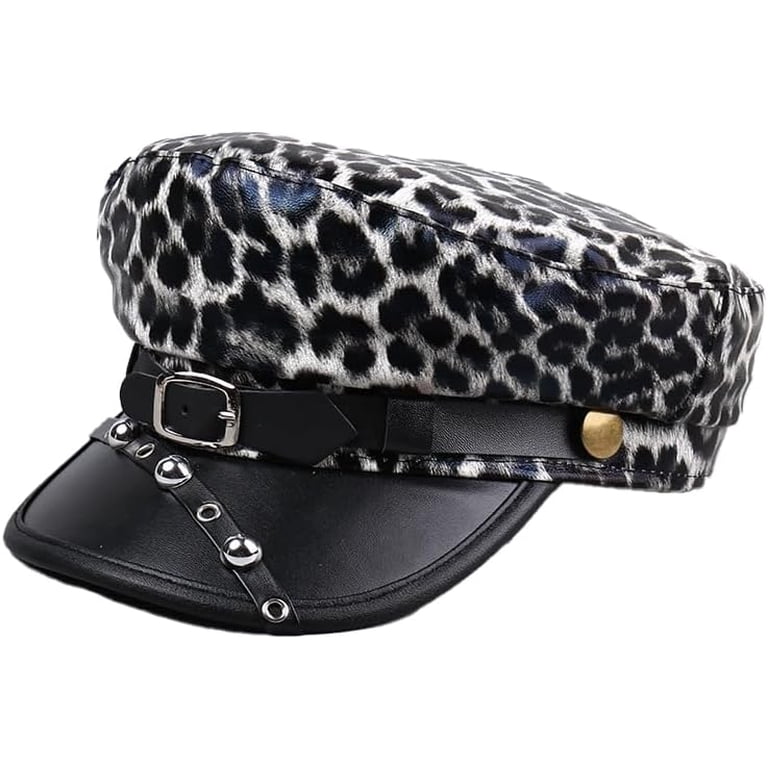 Womens Leopard Print PU Leather Newsboy Hat Peaked Beret Cap  display picture 1