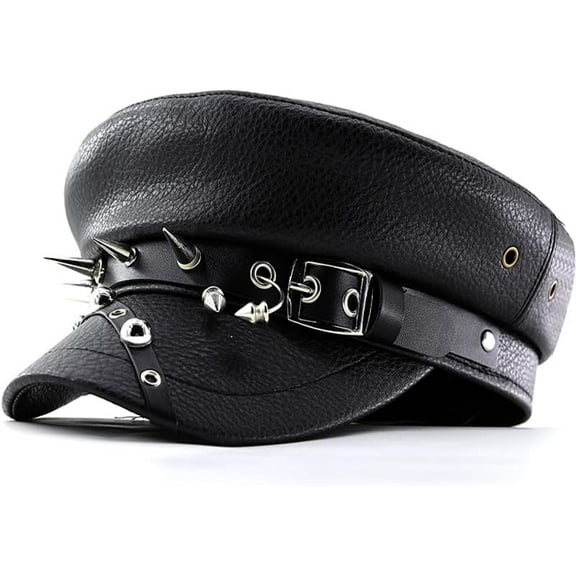 Womens Leopard Print PU Leather Newsboy Hat Peaked Beret Cap Studded Punk Cadet Captain Sailor Hat Military Flat Top Cap