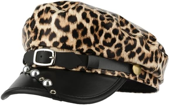 Womens Leopard Print PU Leather Newsboy Hat Peaked Beret Cap  display picture 3