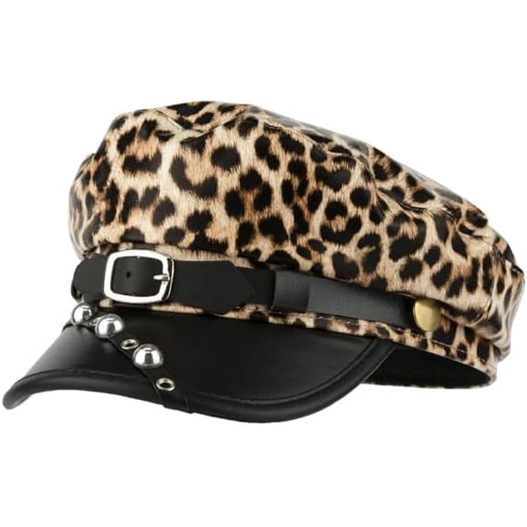 Womens Leopard Print PU Leather Newsboy Hat Peaked Beret Cap  display picture 2
