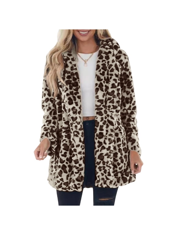 Womens Leopard Print Plush Jacket Stand Collar Zip Up Thickened Fleece Coat Winter Loose Fit Long Sleeve Warm Cardigan with Pockets Double Sided Soft Outwear Beige S