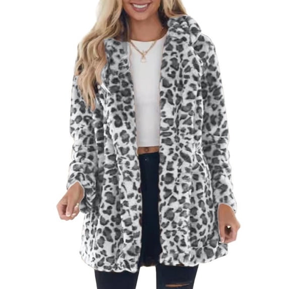 Womens Leopard Print Plush Jacket Stand Collar Zip Up Thickened Fleece Coat Winter Loose Fit Long Sleeve Warm Cardigan with Pockets Double Sided Soft Outwear White S