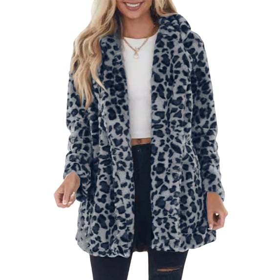 Womens Leopard Print Plush Jacket Stand Collar Zip Up Thickened Fleece Coat Winter Loose Fit Long Sleeve Warm Cardigan with Pockets Double Sided Soft Outwear Blue XL