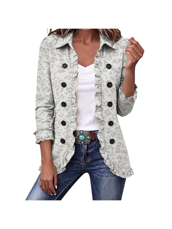 Womens Leopard Print Shacket Button Down Shirt Jacket Long Sleeve Lightweight Oversized Casual Top Fall Outerwear for Daily Wear Travel Streetwear Light Gray L