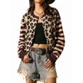 thumbnail image 1 of Womens Leopard Print Striped Patchwork Button Front Cropped Knit Cardigan Dark Brown S, 1 of 9