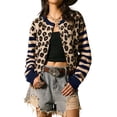 thumbnail image 1 of Womens Leopard Print Striped Patchwork Button Front Cropped Knit Cardigan Navy Blue M, 1 of 9