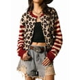 thumbnail image 1 of Womens Leopard Print Striped Patchwork Button Front Cropped Knit Cardigan Red L, 1 of 9