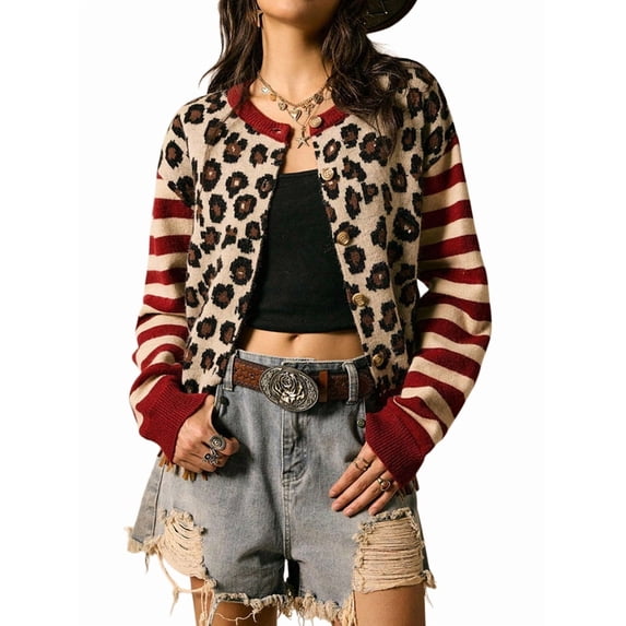 Womens Leopard Print Striped Patchwork Button Front Cropped Knit Cardigan Red L