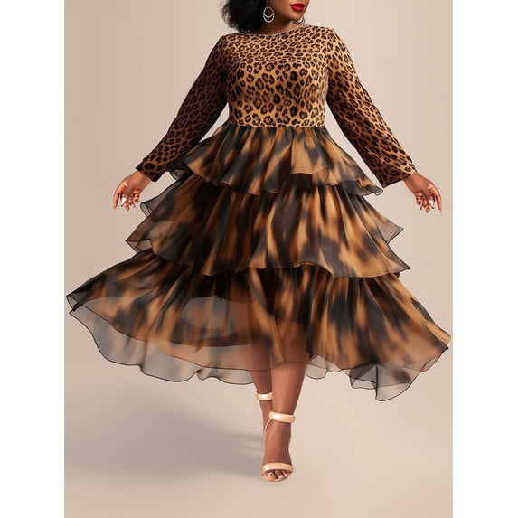 Womens Leopard Print Tiered Maxi Dress Long Sleeve Crew Neck Ruffle Chiffon A-Line Long Dress