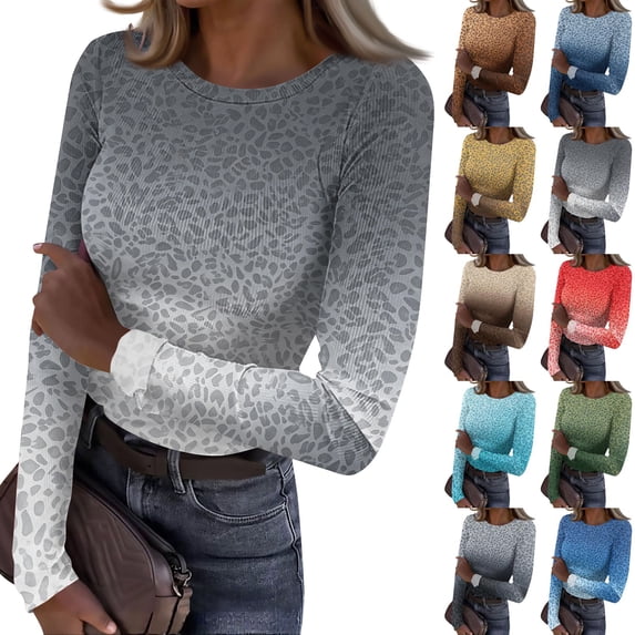 Womens Leopard Print Top Going Out Long Sleeve Shirt Fall Underscrub ...
