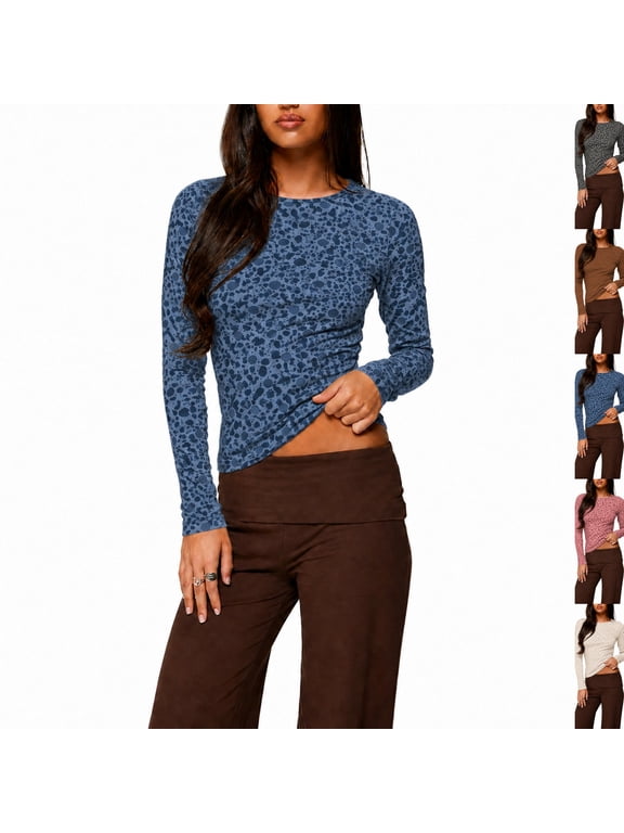 Womens Leopard Print Tops Slim Fit Long Sleeve Underscrub Fall Y2K Ribbed Basic Tee Shirts Silver,XL