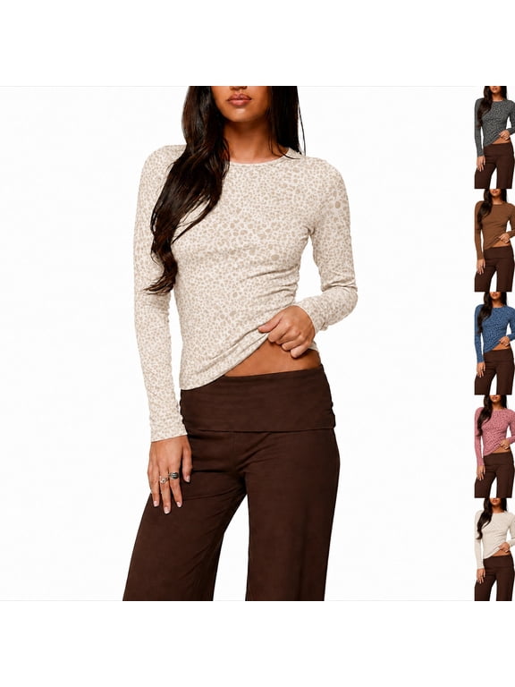 Womens Leopard Print Tops Slim Fit Long Sleeve Underscrub Fall Y2K Ribbed Basic Tee Shirts White,M