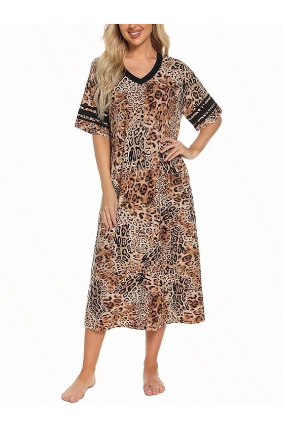 Womens Leopard Print V-Neck Short Sleeve Nightgown With Pockets