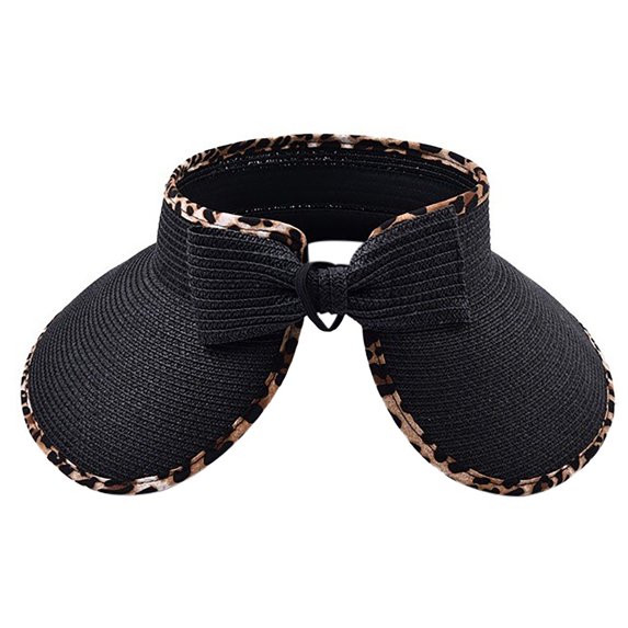 Womens Leopard Print Visor Sun Hat Large Brim Straw Cap Summer Beach Hat
