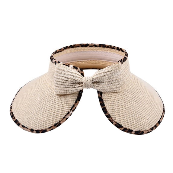 Womens Leopard Print Visor Sun Hat Large Brim Straw Cap Summer Beach Hat