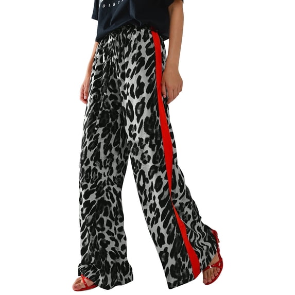 Womens Leopard Print and Red Drawstring Wide Leg Pant
