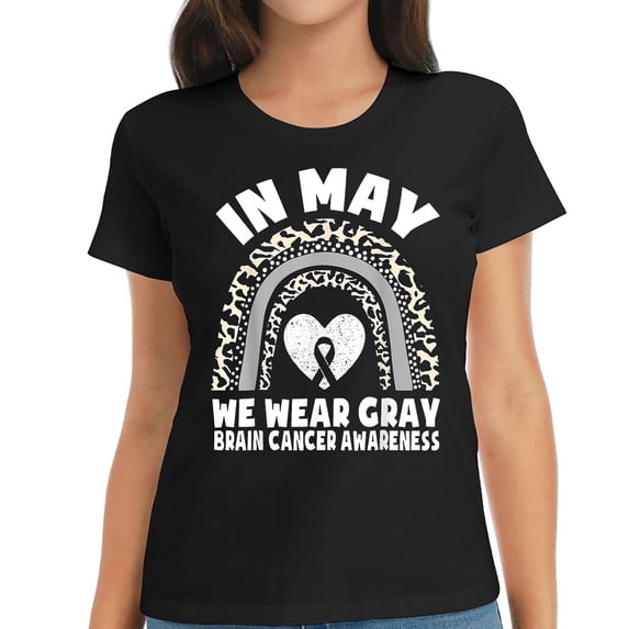 Womens Leopard Rainbow Brain Cancer Awareness In May We Wear Gray T-Shirt Black 2X-Large