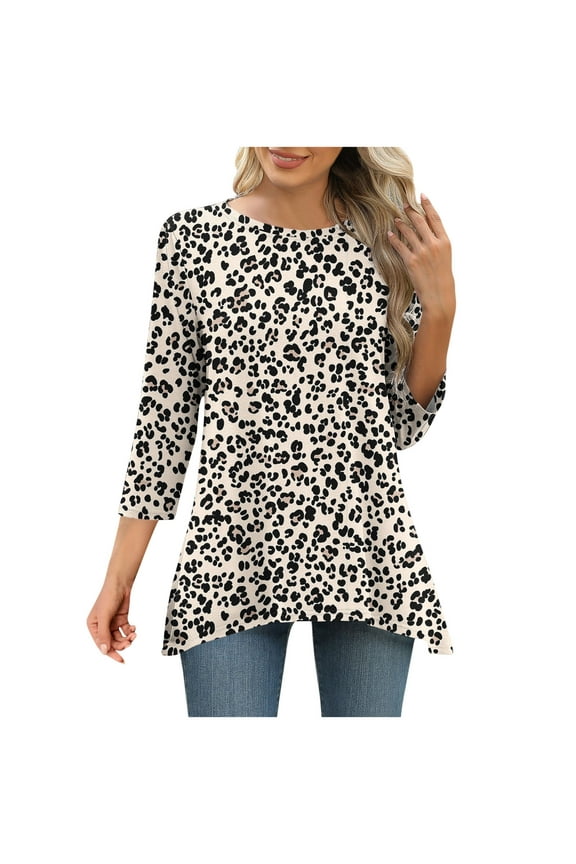 Womens Leopard Shirts Fashion 3/4 Length Sleeves Crewneck Loose Comfy Dressy Casual T-Shirts Tunic Tops Blouse Khaki Medium