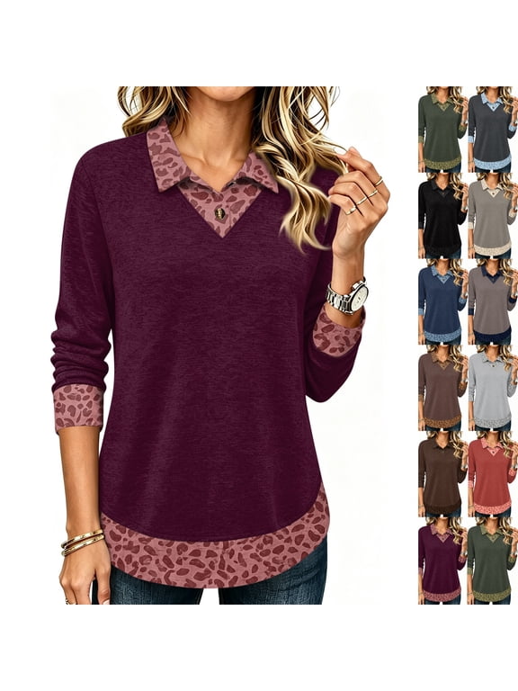 Womens Leopard Trim Fake Two-Piece Polo Shirt Collared Layered Long Sleeve Tunic Top for Fall Work Office Casual Wear,M,Dark Purple