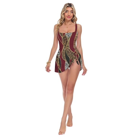 Womens Leopard Wavy Print 2-in-1 Swim Dress Detachable Skirt One-Piece Swimsuit Square Neck S-XXL