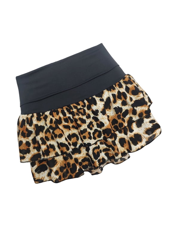 Womens Leopards Print Minis Pleated Skirts High Waist Ruffle Layered Skirt Summers A Line Short Skirts
