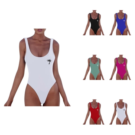 Womens Letter Print One Piece Swimsuit - Scoop Back High Cut Sleeveless Backless Bathing Suit for Ladies