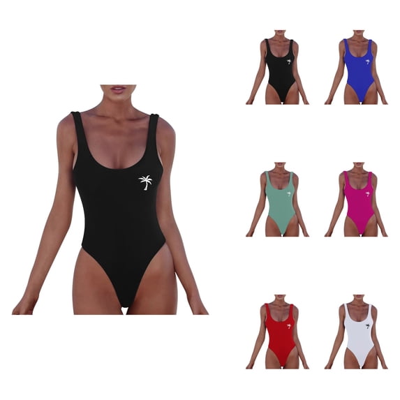 Womens Letter Print One Piece Swimsuit - Scoop Back High Cut Sleeveless Backless Bathing Suit for Ladies