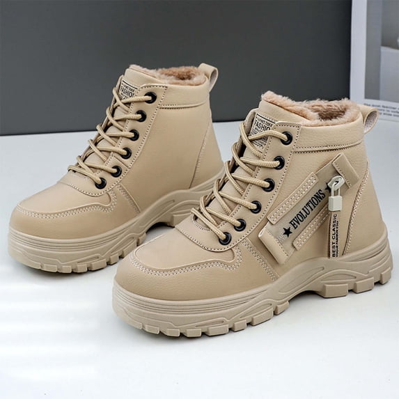 Womens Letter Print Snow Boots Fashion Fall Winter Print Warm Fleece Lined Thick Cotton Shoes Waterproof Thick Lace Up Mid Calf Boots For Snow Boots For Women