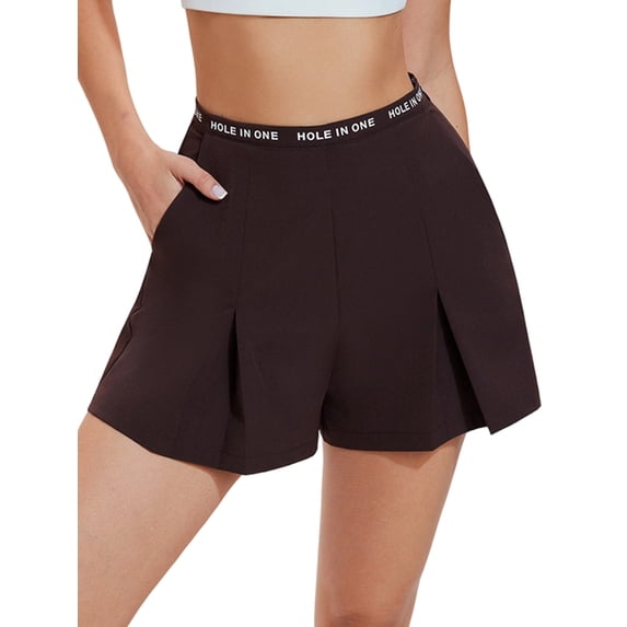 Womens Letter Printed Waist Pleated Athletic Shorts Distilled Coffee XXL