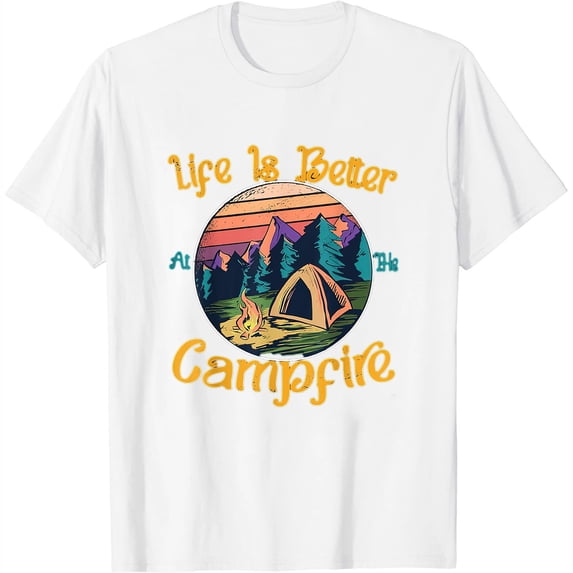 Womens Life Is Better At The Campfire Happy Camper Retro Sun 70s 80 T-Shirt White X-Large