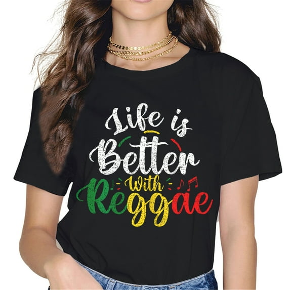 Womens Life is Better With Reggae Rasta Clothing Women Tops T-Shirt Graphics Shirt Casual Short Sleeve Crew Neck Shirts Gift Tee Black 3X-Large