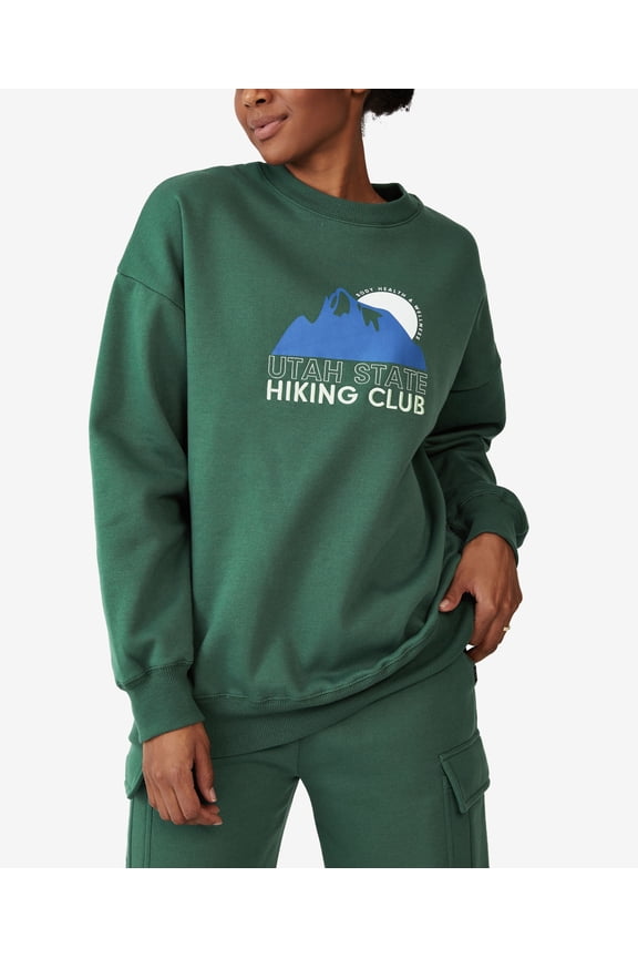 Womens Lifestyle Oversized Graphic Crew Neck Sweatshirt Verdant Green, Utah State Hiki M