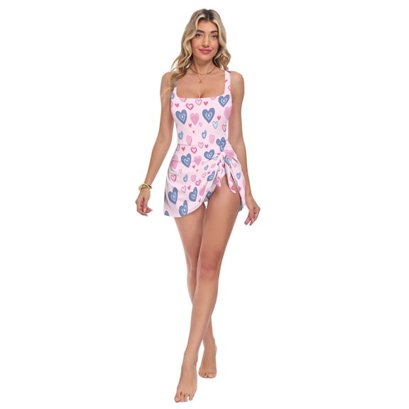 Womens Light Blue Heart Pattern Print 2-in-1 Swim Dress Detachable Skirt One-Piece Swimsuit Square Neck S-XXL