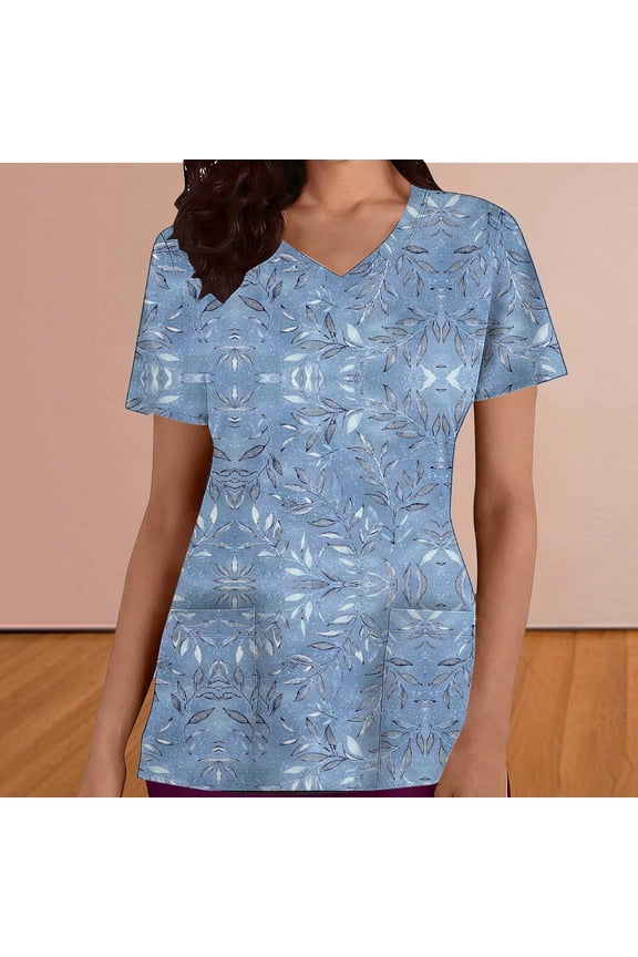 Womens Light Blue Leaf Print V-Neck Scrub Top Short Sleeve - Stretch Soft Nursing Medical Work Shirt with Pockets,Size 2XL