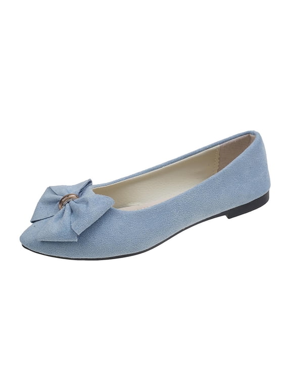 Womens Light Blue Pointed Toe Ballet Flats - Faux Suede Slip On Shoes with Bow, Comfortable Lightweight Work Casual Flats,Size 9