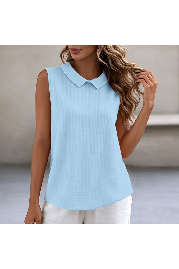 Womens Light Blue Sleeveless Collared Blouse Cotton Polyester Blend Relaxed Fit Wrinkle Resistant Top,Size L