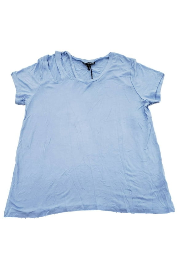 Womens Light Blue Torn Look Neckline Short Sleeve T-Shirt Tee Shirt Top M