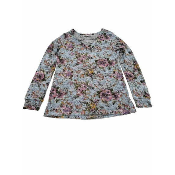 Womens Light Blue and Pink Floral V Neck Long Sleeve Shirt Top Sweater S