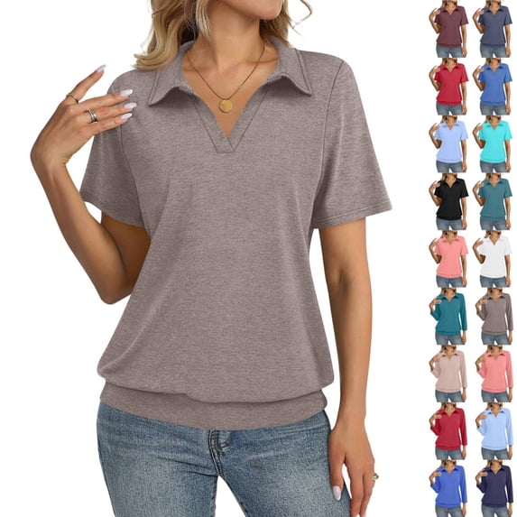 Womens Light Brown Collared Shirt Polo Shirts V Neck Banded Bottom Short Sleeve Basic Knit Pullover Blouses