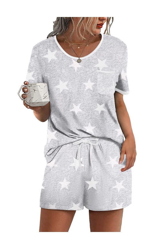 Womens Light Gray Stars Print Lounge Pajama Set Short Sleeve Top With Chest Pocket And Drawstring Sleep Shorts