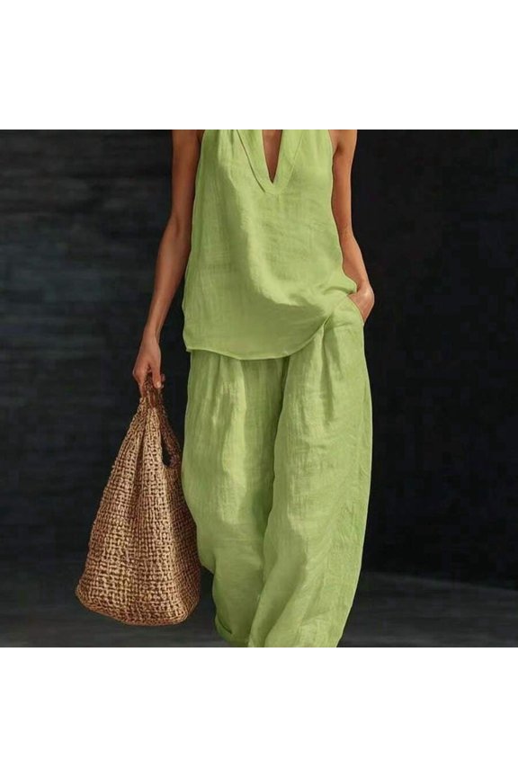 Womens Light Green Linen-Blend Halter V-Neck Top & Wide Leg Pants Co-Ord