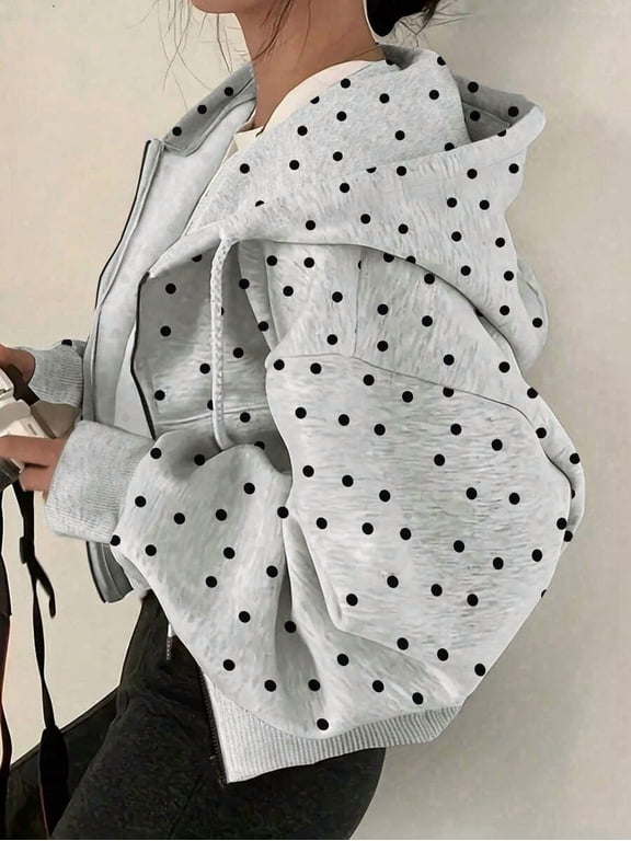 Womens Light Grey Polka Dot Zip-Up Hoodie, Long Sleeve Casual Sweatshirt