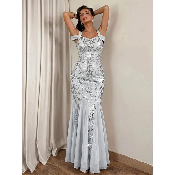 Womens Light Grey Sequin Mermaid Evening Gown, Sleeveless Off-Shoulder