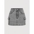 thumbnail image 1 of Womens Light Grey Washed Denim Mini Skirt With Cargo Flap Pockets, 1 of 30