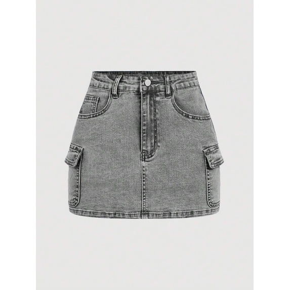 Womens Light Grey Washed Denim Mini Skirt With Cargo Flap Pockets